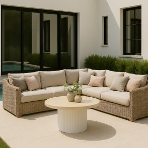 Merca runder Couchtisch für den Außenbereich Ø80 cm - Faserbeton / Travertindruck Merca runder Couchtisch für den Außenbereich Ø80 cm - Faserbeton / Travertindruck