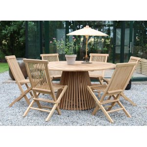Saltö Outdoor-Essgruppe um Ø150 cm Tisch mit 6 Esszimmerstühlen - Teak + Holzöl für Möbel Saltö Outdoor-Essgruppe um Ø150 cm Tisch mit 6 Esszimmerstühlen - Teak + Holzöl für Möbel