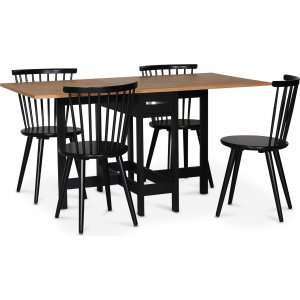 Esstisch-Set; Klapptisch mit 4 Korbstühlen - Schwarz / Eiche - Fårö + 4.00 x Serviettenringe Esstisch-Set; Klapptisch mit 4 Korbstühlen - Schwarz / Eiche - Fårö + 4.00 x Serviettenringe