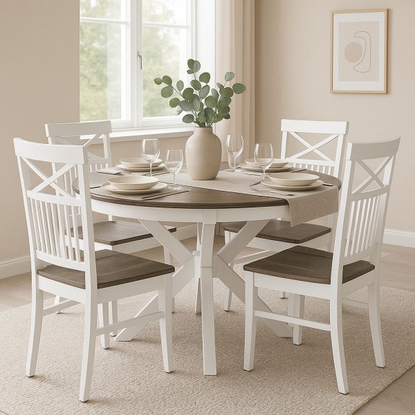 Lebensmittelgruppe Skagen; runder Esstisch Ø120 cm - Eiche weiß / braun geölt mit 4 Skagen Stühlen (Kreuz im Rücken) mit braun g Lebensmittelgruppe Skagen; runder Esstisch Ø120 cm - Eiche weiß / braun geölt mit 4 Skagen Stühlen (Kreuz im Rücken) mit braun g