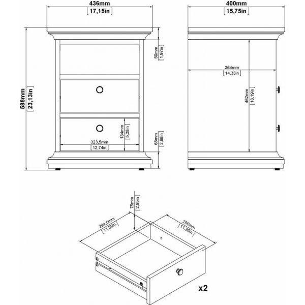 Paris schmaler Nachttisch mit 2 Schubladen und 1 offenem Fach - Wei