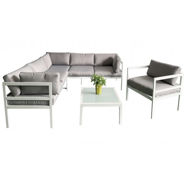 Outdoor-Gruppe mit Tisch und Ecksofa in Weißaluminium Outdoor-Gruppe mit Tisch und Ecksofa in Weißaluminium