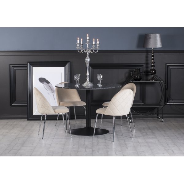 Plaza Essgruppe, Marmortisch mit 4 Plaza Samtsthlen - Beige/Grau/Schwarz