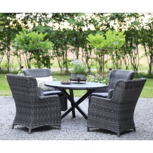 Essgruppe Mercury: Runder Scottsdale-Tisch mit 4 Jacksonville-Sesseln aus grauem synthetischem Rattan + Mbelpflegeset fr Textilien