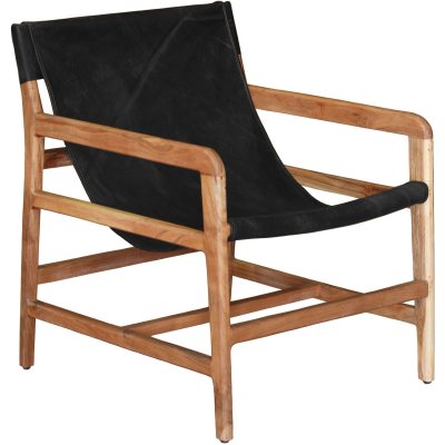 Porto-Sessel aus Teakholz / schwarzem Anilinleder + Mbelpflegeset fr Textilien