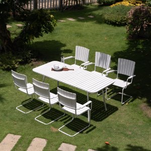 Holmsund Lebensmittelgruppe; Tisch 180x80 cm mit 6 Sesseln - weiß Holmsund Lebensmittelgruppe; Tisch 180x80 cm mit 6 Sesseln - weiß