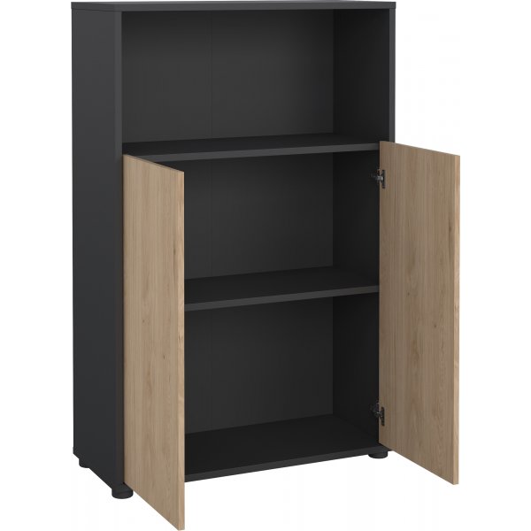 Niedriges Sign-B�cherregal mit T�ren - Mattgrau/Hickory