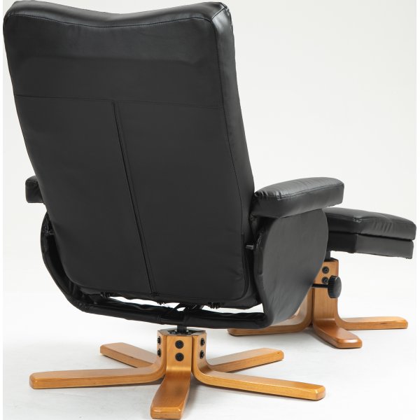 Duva Liegesessel mit Fuhocker aus schwarzem PU mit braunen Beinen