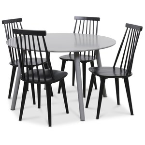 Rosvik Essgruppe grauer, runder Tisch mit 4 schwarzen Dalsland Sprossensthlen - Grau / schwarz + Fleckentferner fr Mbel