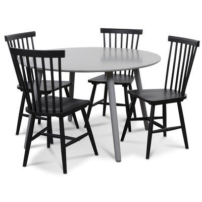 Rosvik Essgruppe grauer, runder Tisch mit 4 schwarzen Karl Sprossensthlen - grau / schwarz + 3.00 x Mbelfe