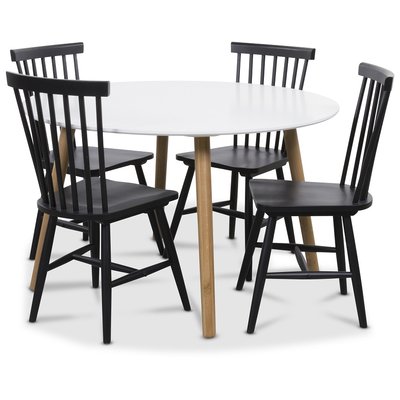 Rosvik Essgruppe Runder Tisch weiß/Eiche mit 4 schwarzen Karl Stühlen
