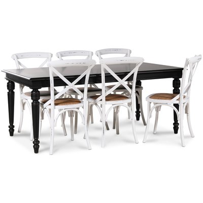 Paris Essgruppe 180 cm Tisch schwarz + 6 weiß Gaston Esszimmerstühle