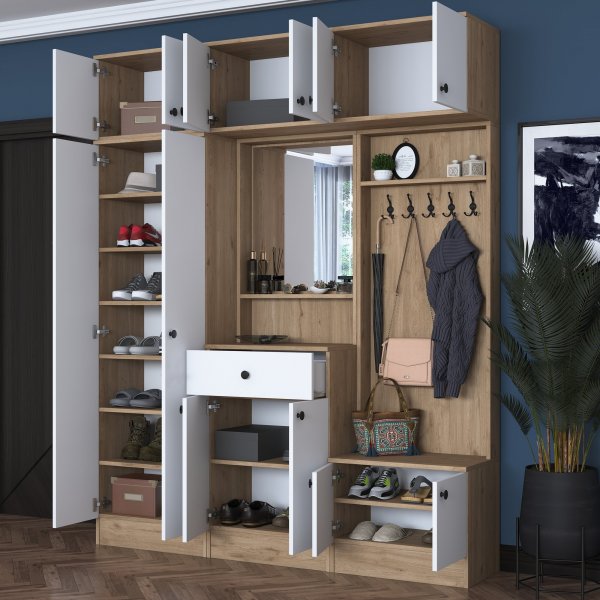 Mendy Flurmbel 180 cm mit Oberschrank - Wei/Walnuss