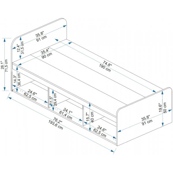 Einzelbett Akser mit integriertem Stauraum 190 x 90 cm - Kiefer/Anthrazit