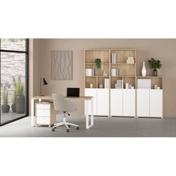 Sign-B�cherregal niedrig mit T�ren - Wei�/Hickory