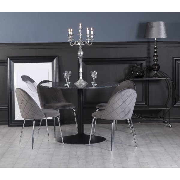 Plaza Essgruppe, Marmortisch mit 4 Plaza Samtsthlen - Grau/Schwarz/Chrom