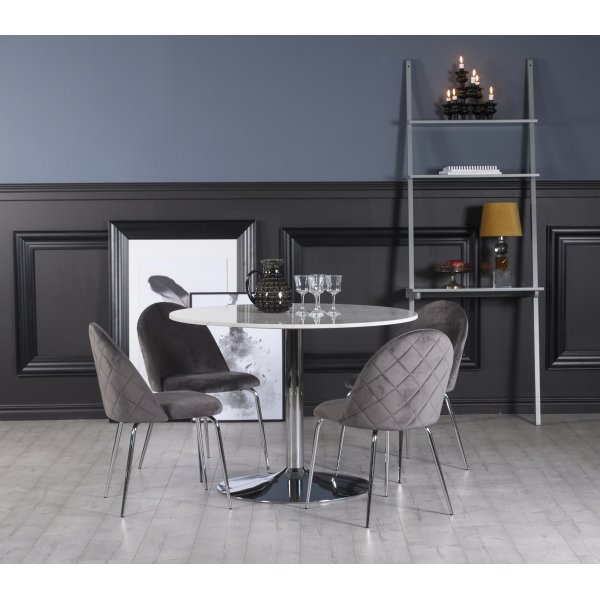 Plaza Essgruppe, Marmortisch mit 4 Plaza Samtsthlen - grau/wei/Chrom