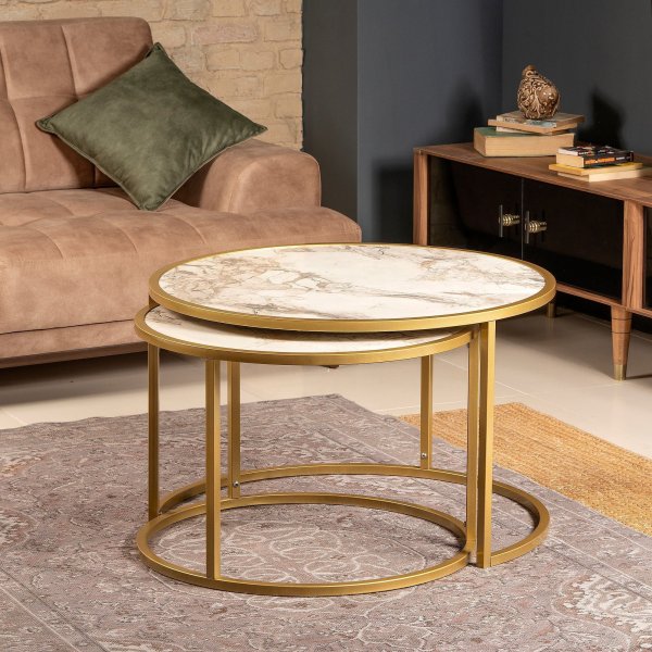 Tambur-Tisch 66x43 | 80x50 cm - Gold/weier Marmor