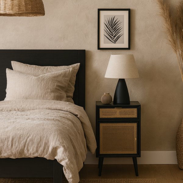 Schwarzer Nachttisch Stockholm mit Rattan