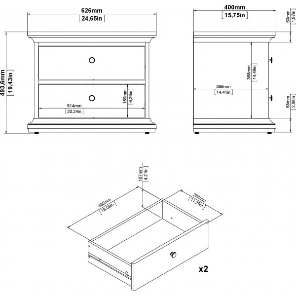 Pariser Nachttisch mit 2 Schubladen - Weiß Pariser Nachttisch mit 2 Schubladen - Weiß